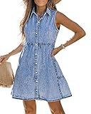 LookbookStore Denim Dress for Women Blue Denim Babydoll Dress Sleeveless Jean Dress Lapel Collared Plus Size Denim Dress for Women Summer Babydoll Dress Bay Blue Size XXL Size 20 22