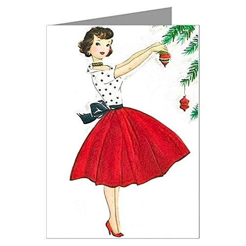 8-5x7 Vintage Holiday Greeting Cards In A Boxed Set Of An Illustrated 50's Woman With Red Dress Hanging A Merry Christmas Ornament
