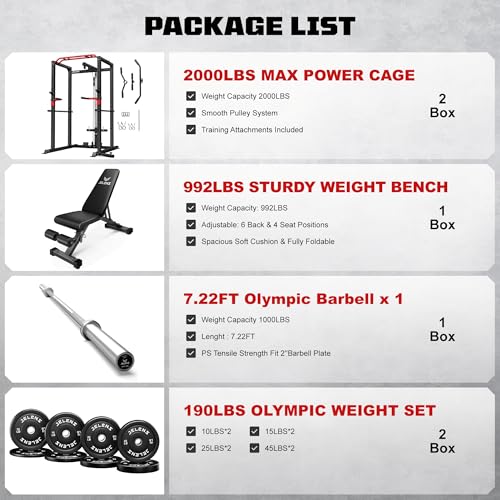 Image of JELENS S11 Power Cage, 2000LB Multi-Function Power Rack with LAT Pulldown, Squat Rack with Adjustable Pulley System and Training Attachments, Weight Rack for Home Gym