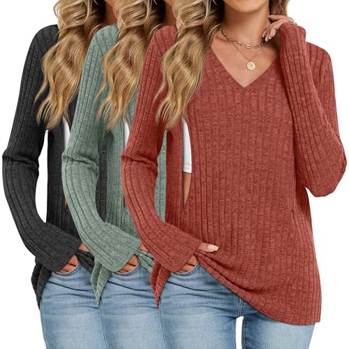 Image of Oakgarden 3 Pack Women's Maternity Nursing Tops, V Neck Breastfeeding Sweaters Long Sleeve Hidden Zipper Shirts