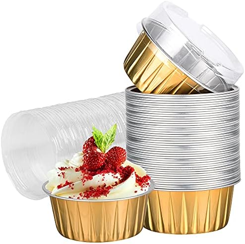 Disposable Ramekins with Lids, 25 Pack/ 5 oz Gold Aluminum Foil Dessert Baking Cups, Reusable Cupcake Liners Pudding Cups for Wedding, Christmas, Kitchen, Party, Various Holiday Parties