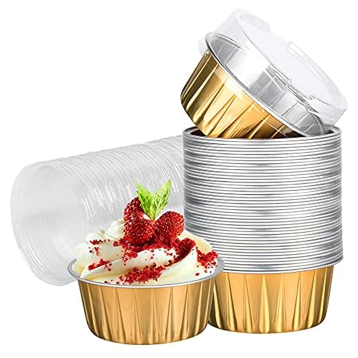 Disposable Ramekins with Lids, 25 Pack/ 5 oz Gold Aluminum Foil Dessert Baking Cups, Reusable Cupcake Liners Pudding Cups for Wedding, Christmas, Kitchen, Party, Various Holiday Parties