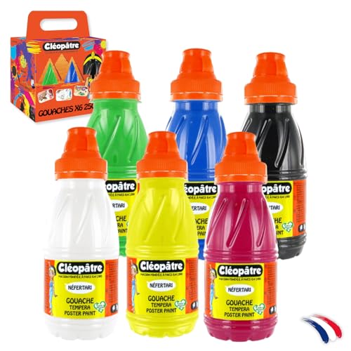 CLEOPATRE – Lot de 6 Bouteilles de Peintures Gouache de 250ml - Couleurs Vives Lavables – École et Loisirs Créatifs pour Enfant
