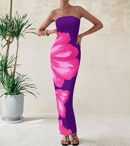 Image of PRETTYGARDEN Women Summer Strapless Maxi Dress Bodycon Floral Sexy Long Wedding Guest Dress Formal Tube Mesh Cocktail Dresses