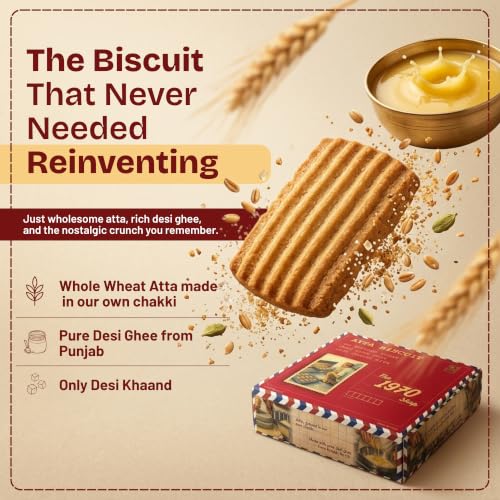 Image of The 1970 Shop 100% Atta Biscuit | Made in Desi Ghee | 0% Maida | No Preservatives | No Palm Oil | Authentic Indian Snack | Atta Biscuit For Healthy Tea Snacking | Premium Handmade Cookies | Eggless & Vegetarian | 400g Paper Box