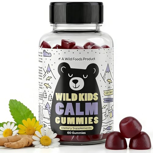 Wild Foods Kids Calm Gummies - Ashwagandha Gummies for Kids w-GABA, L-Theanine, Lemon Balm & Charmomile - Support Natural Relaxation, Stress Relief & Sleep, for Children 4+, Berry Flavor, 60 Count