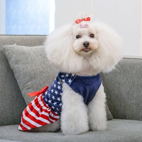 Image of CuteBone Dog Dresses Velvet 4th of July Small Dogs Clothes Onesie Pet Apparel Girl Puppy Skirt with Bow Hair Rope