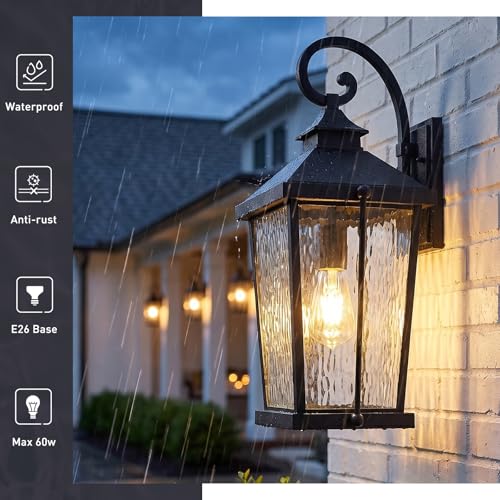 Image of zeyu 22 Inch Outdoor Wall Lamp, 1-Light Large Outdoor Wall Lighting for House Porch, Die-Cast Aluminum in Black Finish, Water Ripple Glass, ZW105B-M BK-SW