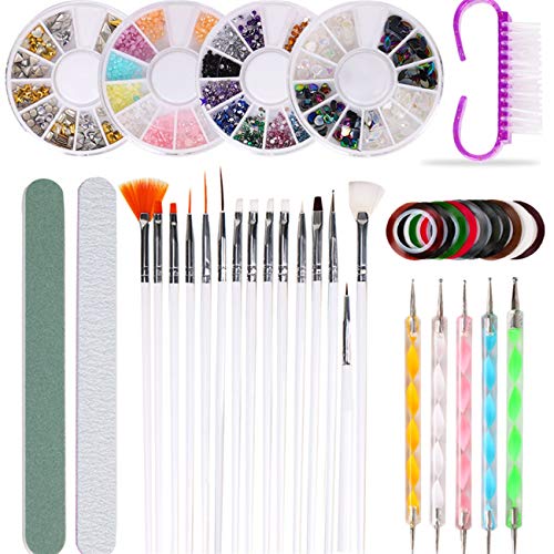 Nail Art Decorations Set, FUNJIA 10Pcs Nail Accessories Art Kit with Color Rhinestones, Nail Painting Brushes