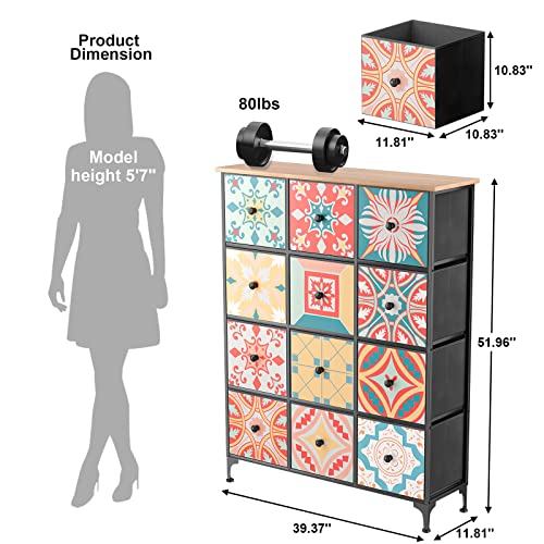 Yilqqper Dresser For Bedroom 12 Drawer Dressers & Chests Of Drawers Tall Large Wide Dresser Organizer Fabric Storage For Closet And Nursery Kids And Adult, Fabric Bins, Wood Top, Boho Colorful Painted #TOP2
