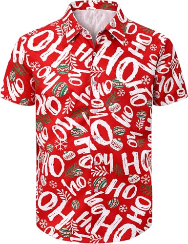 COSAVOROCK Mens Ho Ho Christmas Shirt Short Sleeve Funny Hawaiian Button Shirts HO L
