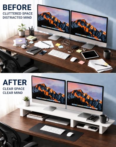Image of Aothia 43 in White Dual Monitor Stand, Monitor Riser for Desk, Solid Wood