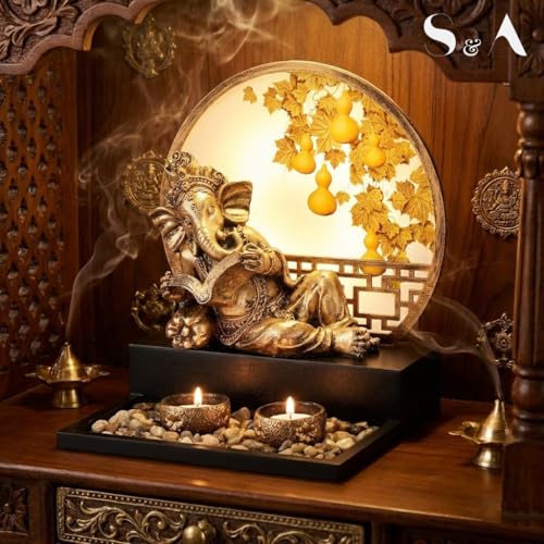 Image of S & A Antique Ganesha Idol with Backlit Design - Decorative Pooja Room & Home Decor Showpiece | Includes Diya & Pebble Arrangement | Festive & Gifting Accent | 26 cm