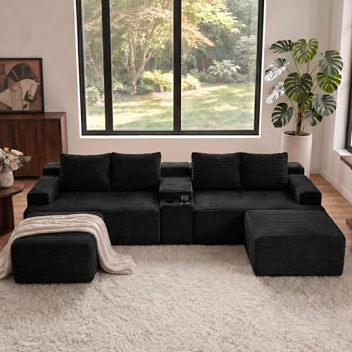 Image of 140 inch U-Shape Corduroy Boneless Couch, Modular Sectional Sofa Black | Cloud Comfort, Boneless Couches for Living Room, 2 Ottomans, Oversized Sofa, Storage & Cupholders, No Assembly Required