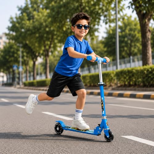 Image of Foldable Kick Skating Cycle LED Wheels | Kids 3 Wheel Kick Scooter with Adjustable Handlebar & Hight, Front Brake, Bell and Printed Deck | Skate Scooter for Kids Age 2-12 Years
