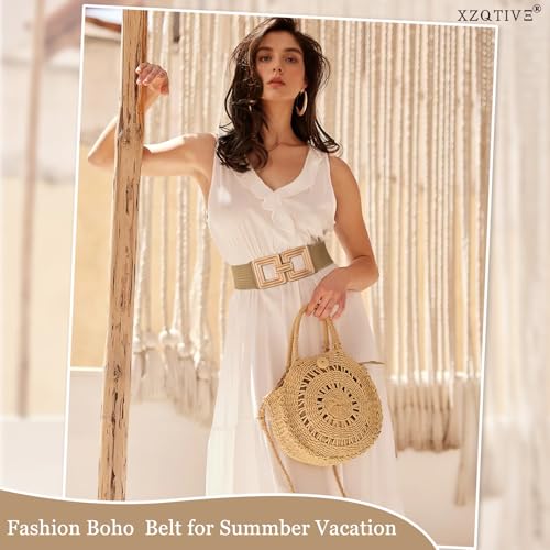 XZQTIVE Straw Woven Elastic Belts for Women, Wide Stretch Boho Belt for Summer Dress with Vintag/Round Buckle Raffia Belt, Khaki Fit Wasit Size 27"-31"4