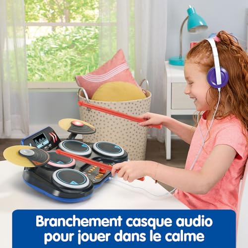 VTech Kidi DJ Drums Batterie Électronique Enfant avec Pads Lumineux Cymbales Baguettes Bluetooth Prise Jack pour Casque Apprentissages et Jeux Cadeau Enfant Dès Contenu en Français - vue 7