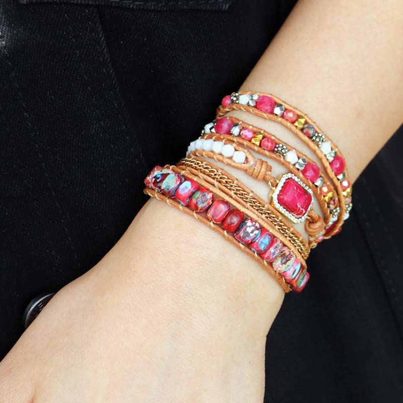 Image of YGLINE Boho Handmade Wrap Leather Tube Crystal Stone Bracelet for Women