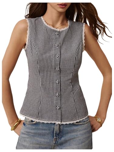 Women's Gingham Button Down Tank Tops Lace Trim Sleeveless Crew Neck Elegant Vest Top