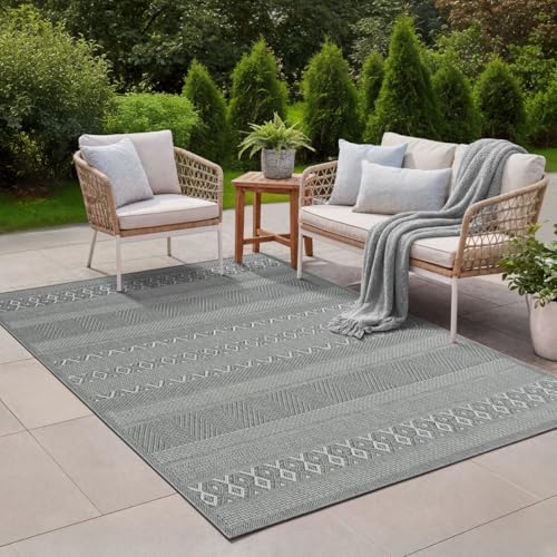 the carpet Calgary - Outdoor Teppich Wetterfest für Balkon & Terrasse, Robuster Flachgewebe Teppich für Garten, Pflegeleicht In- & Outdoor, Boho Vintage Design, Grau-Uni, 140 x 200 cm