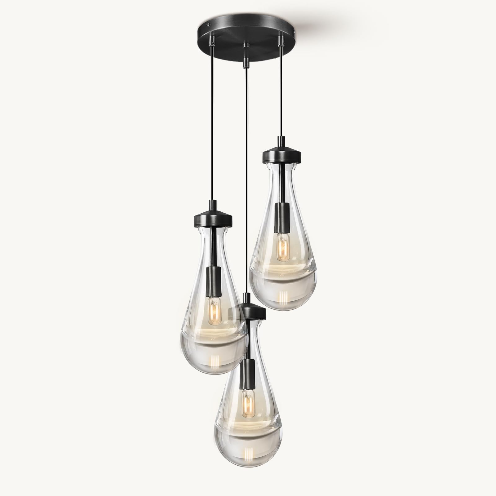Raindrop Pendant Light Kitchen Island, 3 Lights Black Pendant Lights for Dining Room, 3-Light Bronze Pendant Lighting For Bedroom, Cluster Pendant Light for Bathroom, Livring Room Includes Bulb