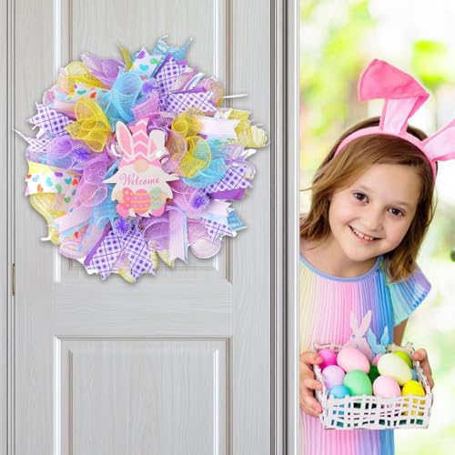 Couronne de lapin de Pâques faite main avec feuillage et ruban - 5