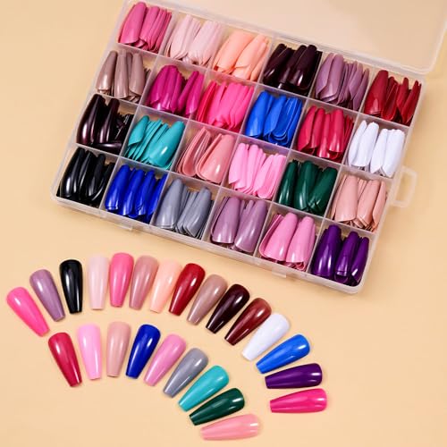 Image of 576Pcs Long Coffin Press on Nails 24 Solid Color Stick on Nails Glossy False Nail Colorful Full Cover Glue on Nail Set for Women Nail Tip DIY