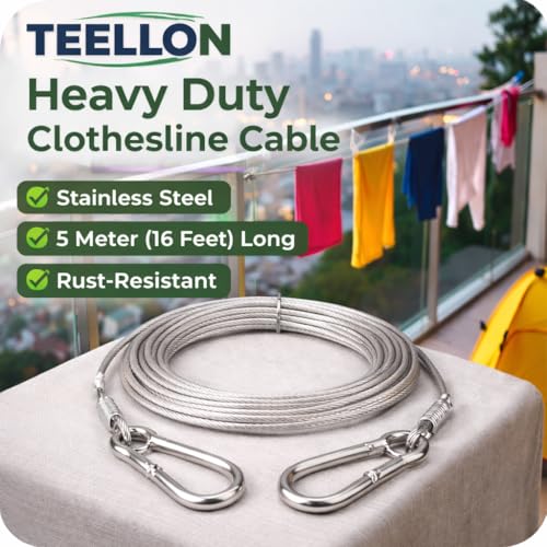Image of 3 Meter (3mm) Heavy Duty Stainless Steel Clothesline Wire Rope with Carabineer Hooks, Portable Rustproof Laundry Drying Rope Cable for Balcony Garden Home Indoor Outdoor Uses (3 Meter)