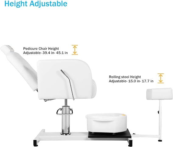 Reclining Pedicure Chair No Plumbing with Foot Massage Basin & Stool, Hydraulic Adjustable Pedicure Chair Station, 360 Rotation Beauty Spa Salon Unit Station - White