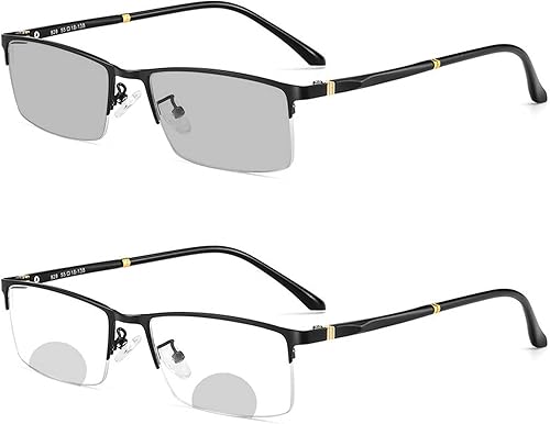 Gafas de lectura bifocales con marco rectangular fotocromático de transición para hombres y mujeres, lentes de sol transparentes UV400 (negro,