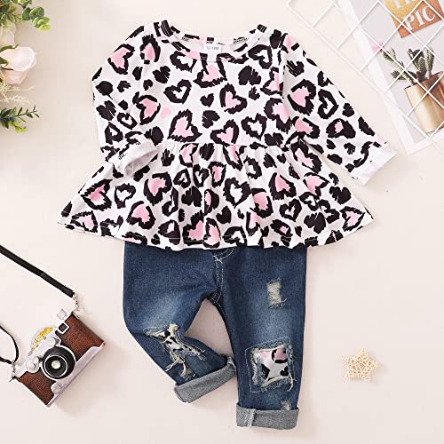 Image of Infant Toddler Baby Girl Clothes Denim Jeans Outfits 2PCS Ruffle Floral Top + Ripped Denim Girls Pants Set 6M-4T