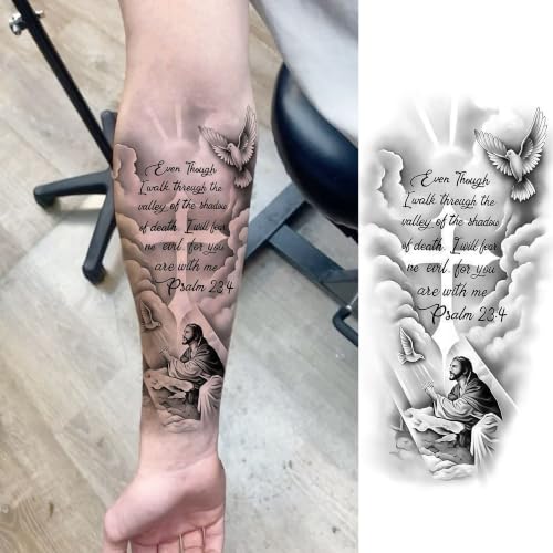 Image of Bilizar 17 Sheets Angel Jesus Temporary Tattoos For Men Women Adults Forearm Half Arm Sleeve Tattoo Sticker, Realistic Letters Fake Engraved Tattoos Family Dove Christian Faith Tatoos Body Art Durable