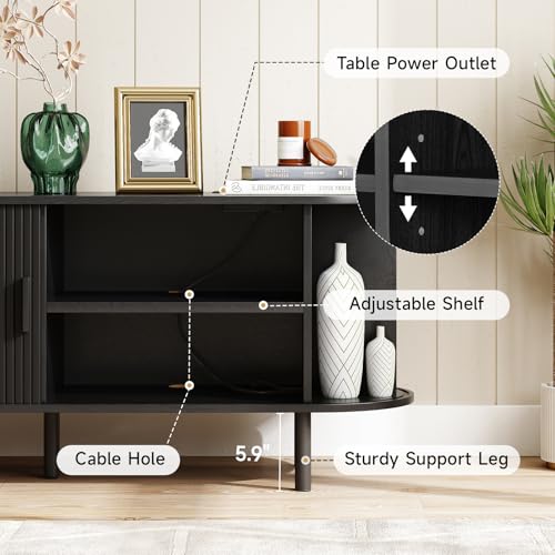 Image of ONBRILL 70.8 inch TV Stand with Power Outlet for TVs up to 75 Inch, Entertainment Center with Storage and Adjustable Shelves, Modern Media Console with Sliding Doors for Living Room, Black