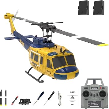 RC ERA C032 UH-1 Huey 6CH Helicopter for Adults, 1/48 Scale RC Helicopter Brushless with 6-Axis Gyroscope Stabilization, with Altitude Hold & 3D Inverted FlightYellow 2 Battery