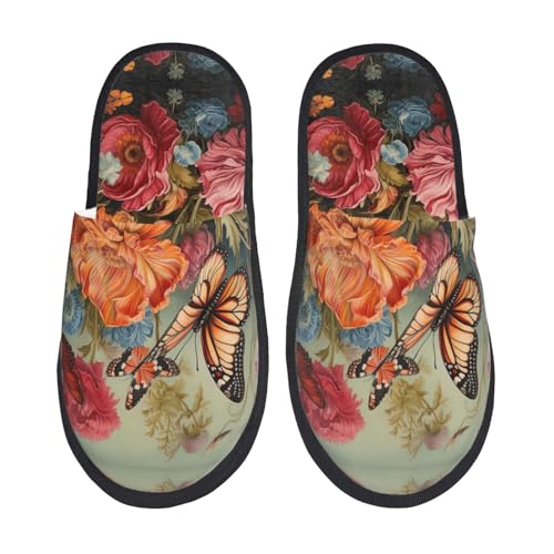 Flowers and Butterfly printing Fall Winter Fuzzy Slippers Comfy House Shoes,Portable for Hotel Travel Gifts for Women and Men3