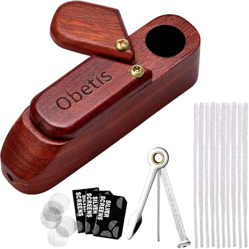 Obetis Rosewood Tobacco Pipe - Compact Wooden Tobacco Pipe Set with Flip Top Design and Complete Accessories for Adult Tobacco Enthusiasts Desk and Home Use