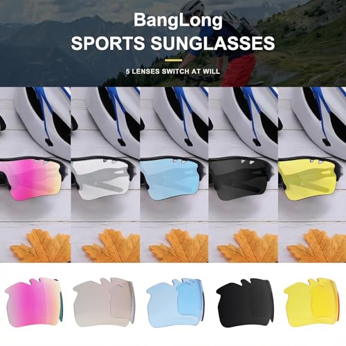 Image of BangLong Polarized UV400 Sports Sunglasses with 5 Lenses for Men Women | TR90 Flexible Frame, 5 Interchangeable Lens with RX Insert, 0.9oz Sports Glasses for Running Cycling Baseball Hiking