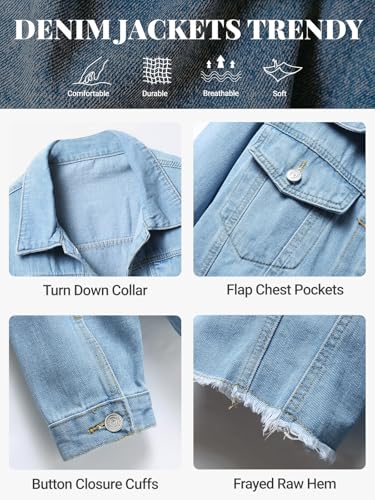 Women's Cropped Soft Denim Jacket Frayed Washed Jean Jacket with Button Up Design4