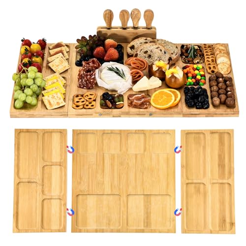 GLOKUUCA Bamboo Charcuterie Boards and Knife Set, 3 in 1 Magnetic Extra Large Cheese Platter - Gifts for House Warming New Home, Bridal Shower, Wedding
