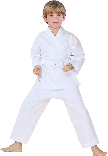 FLUORY Uniforme de karate con cinturón libre, blanco Karate Gi para niños y adultos, talla 000-6