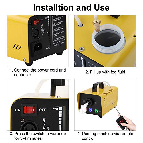 Fog Machine, HOLDLAMP 500W Smoke Machine with Stage Lights, 3000CFM Smoke Fog Machine with 1 Wired Receiver and Wireless Remote Controls, Perfect for Wedding, Halloween, Party Stage Effect (Yellow)