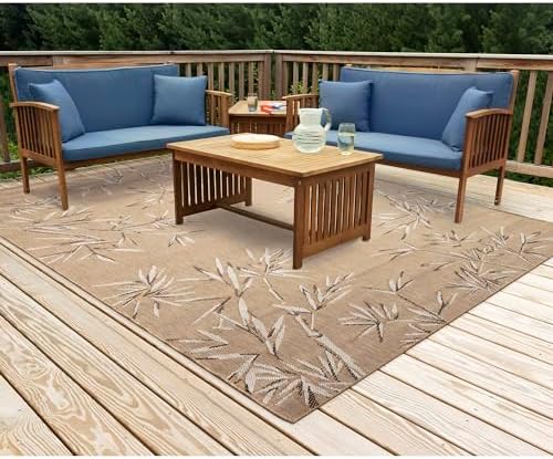 Liora Manne Carmel Indoor/Outdoor Power Loomed Synthetic Blend Low Profile Area Rug - Transitional Border Botanical Leaf Decorative (Bamboo Border Sand) (3'3" x 4'11")