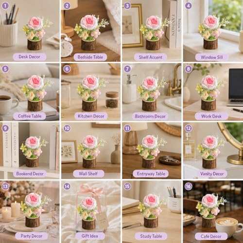 Image of Handmade Crochet Flower with Real Wood Base, 12 cm Pink White & Green Artificial Knitted Rose Bouquet for Home Office Table Shelf Desk Decor, Bedroom Living Room Gift Decoration