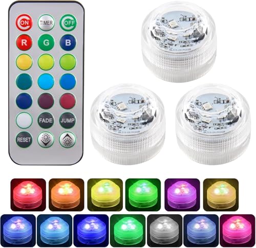 3 mini luces LED sumergibles con control remoto, impermeables, RGB que cambian de color, luz de té para estanques, piscinas, acuarios, fuentes, jardines, decoraciones de fiesta, funciona con pilas