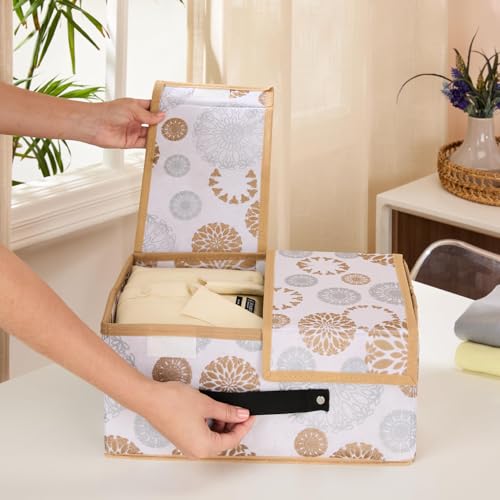Image of Amazon Brand - Solimo Double Lid Foldable Storage Box | Toys Storage Bin | Wardrobe organizer for Clothes | Front Handle | Stackable Rack | 36 x 25 x 16 cm (Gola Print, White)