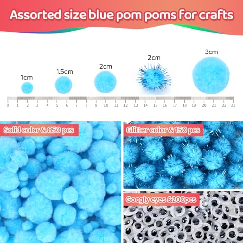 Image of IOOLEEM Light Blue Pom Poms - Assorted Size, 1200pcs with Wiggle Eyes, Glitter Options, Perfect for Arts & Crafts