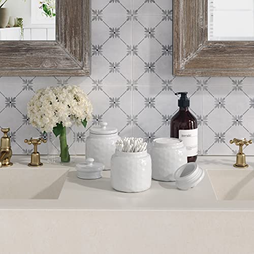 Barnyard Designs S/3 Ceramic Bathroom Canisters, Apothecary Jars With Lid, Qtip Holder Bathroom Set Cotton Ball Holder Jar For Bathroom Storage, Decorative Bathroom Jar With Lid, Spa Decor, 4X5, White #TOP4