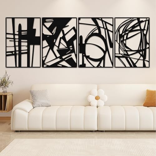 Quanqiuyi 4 Pack Black Abstract Metal Wall Art, 16'' x 11'' Minimalist Single Line Art, 3D Textured Wall Sculptures for Living Room, Bedroom, Bathroom, Study Room Decor