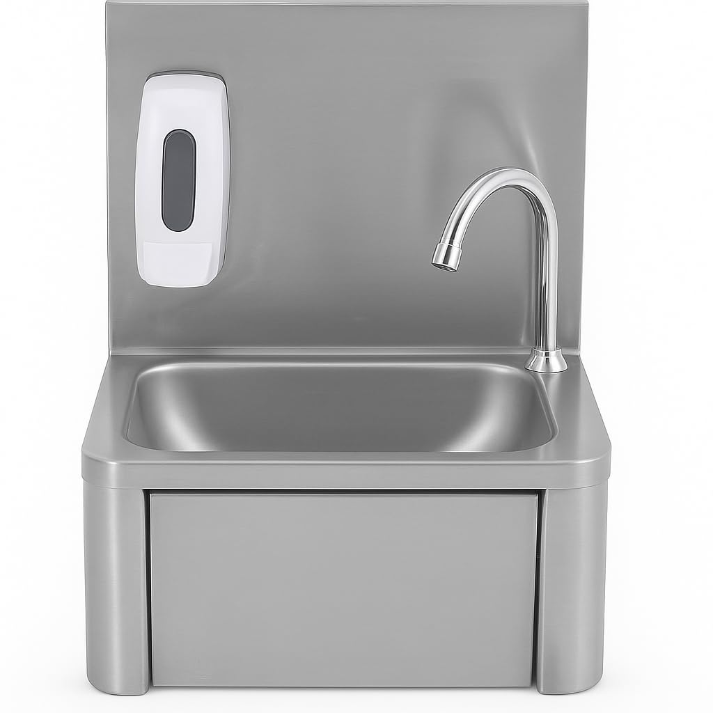 Lave-mains mural professionnel cuve en inox 304 avec dosseret + robinet + distributeur de savon – Idéal cuisine pro, restaurant, bar, collectivité, CHR