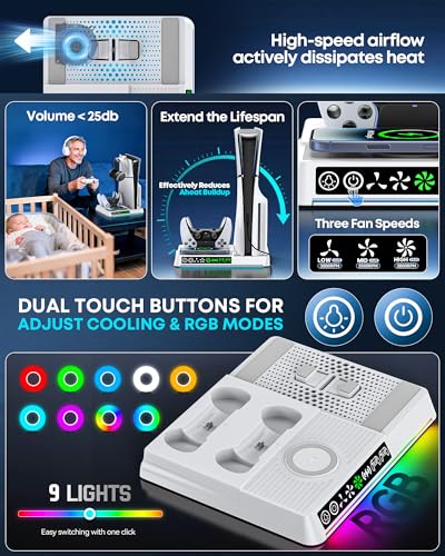 Image of Cooling Station for PS5 /Slim /Pro Disc & Digital Edition, PS5 Stand with Dual Controller Charger & 3-Level Cooling Fan & Cordless Charging, Pa5 Vertical Stand Base with 9 RGB Lights & Headset Holder